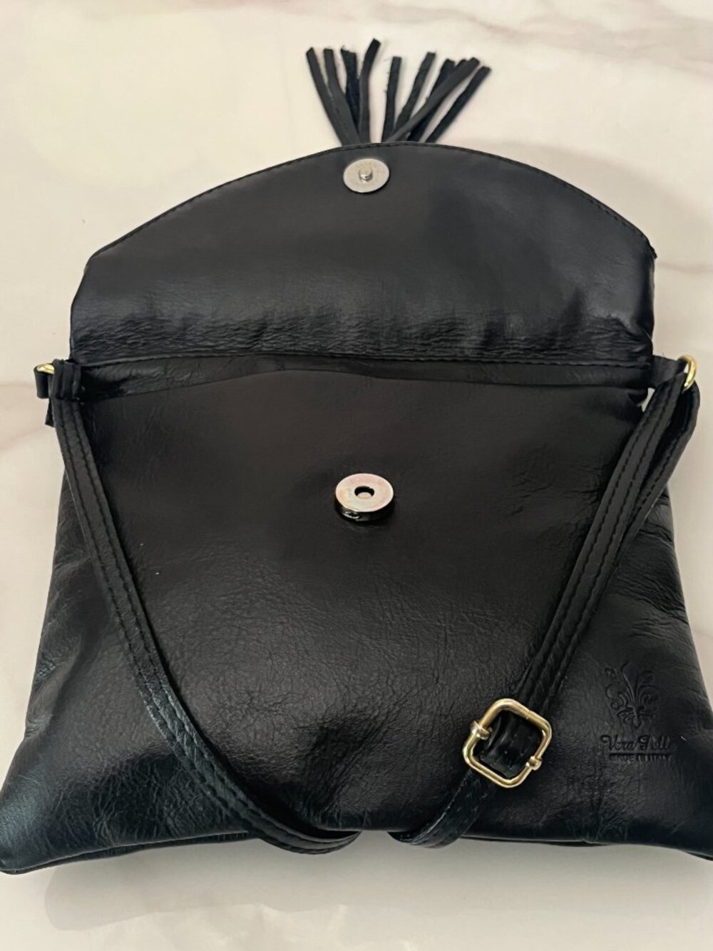 Italian Black Leather-Vera Pelle Crossbody Bag with Tassel - Picture 6 of 12
